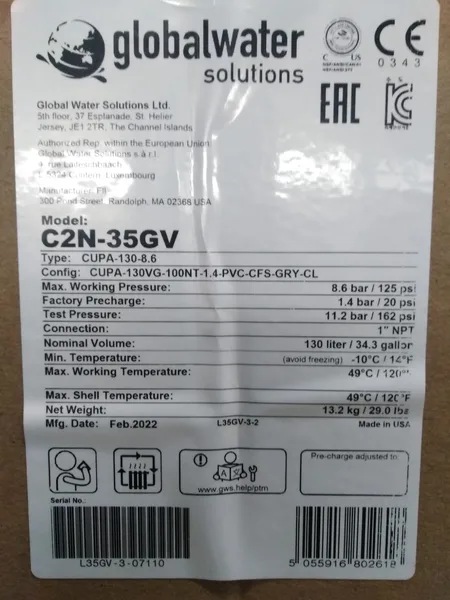 Tanque pre-cargado 35gls en fibra globalwater