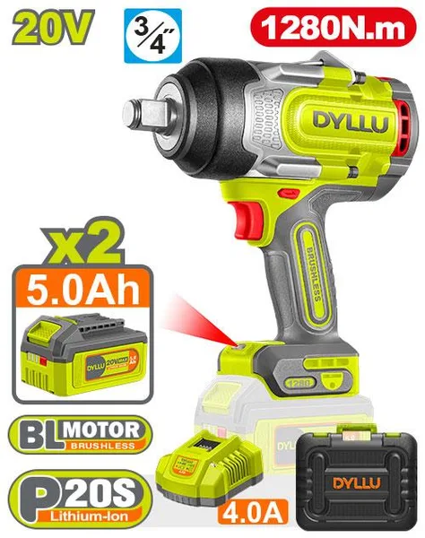 Llave Impacto Inalamb 3/4" 20v 1280n.m c-2bat-carg dyllu
