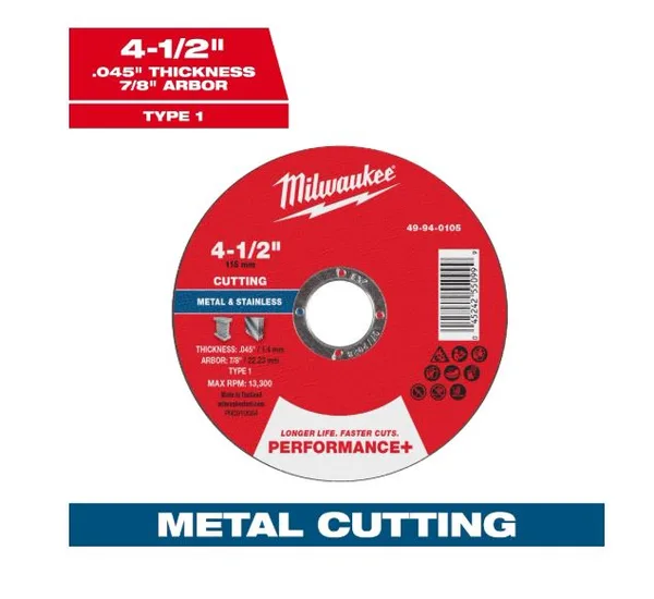 Disco p/corte metal 4-1/2"x0.45x7/8" performance+ c-p milwaukee