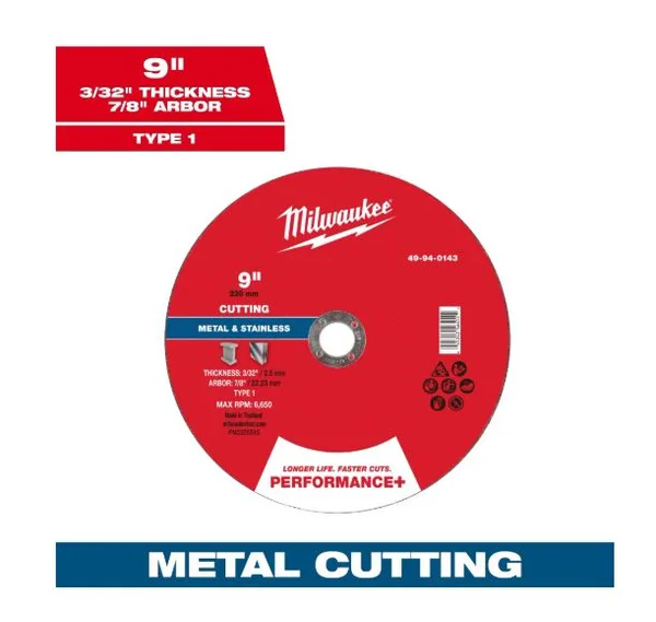 Disco p/corte metal 9"x3/32x7/8" performance+ c-p milwaukee