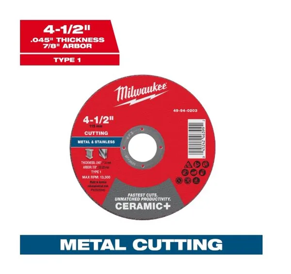 Disco p/corte metal 4-1/2"x0.45x7/8" ceramic+ c-p milwaukee