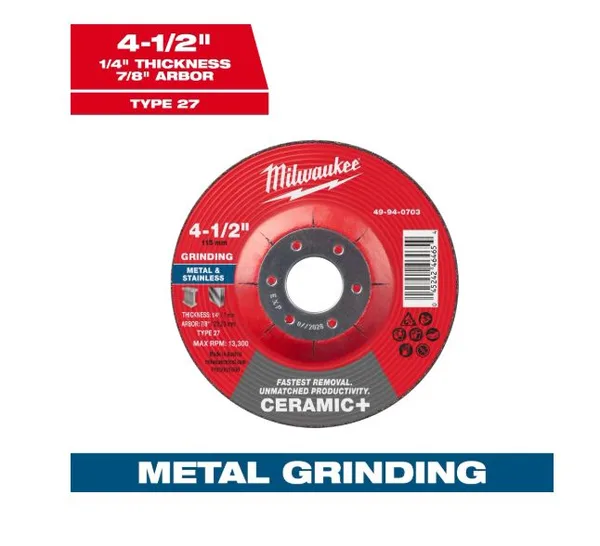 Disco p/pulir metal 4-1/2"x1/4x7/8" ceramic+ c-h milwaukee